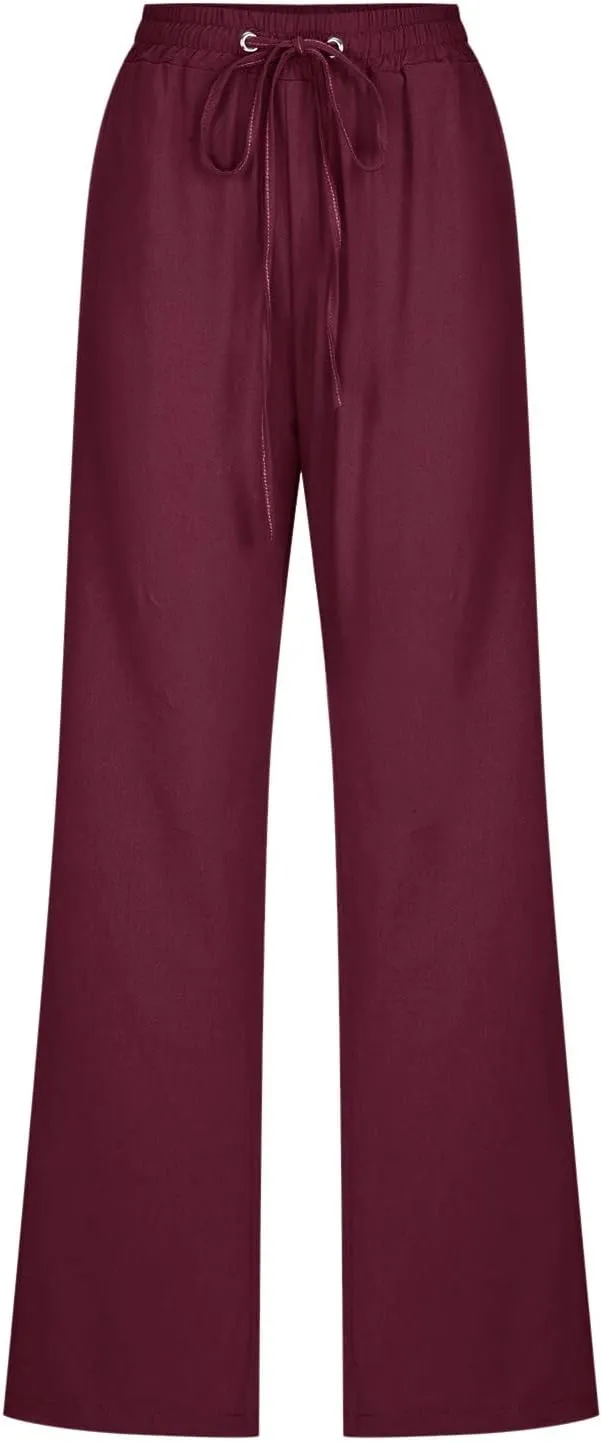 aihihe Linen Pants for Women Casual Summer Drawstring Elastic High Waist Yoga Pants Loose Fit Comfy Straight Leg Palazzo Pant