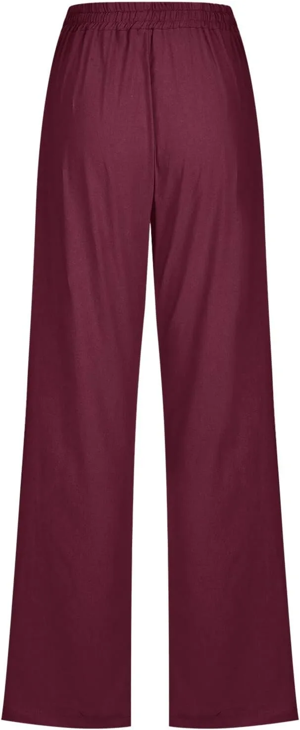 aihihe Linen Pants for Women Casual Summer Drawstring Elastic High Waist Yoga Pants Loose Fit Comfy Straight Leg Palazzo Pant