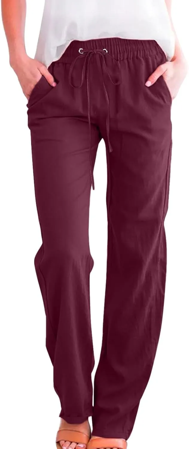 aihihe Linen Pants for Women Casual Summer Drawstring Elastic High Waist Yoga Pants Loose Fit Comfy Straight Leg Palazzo Pant