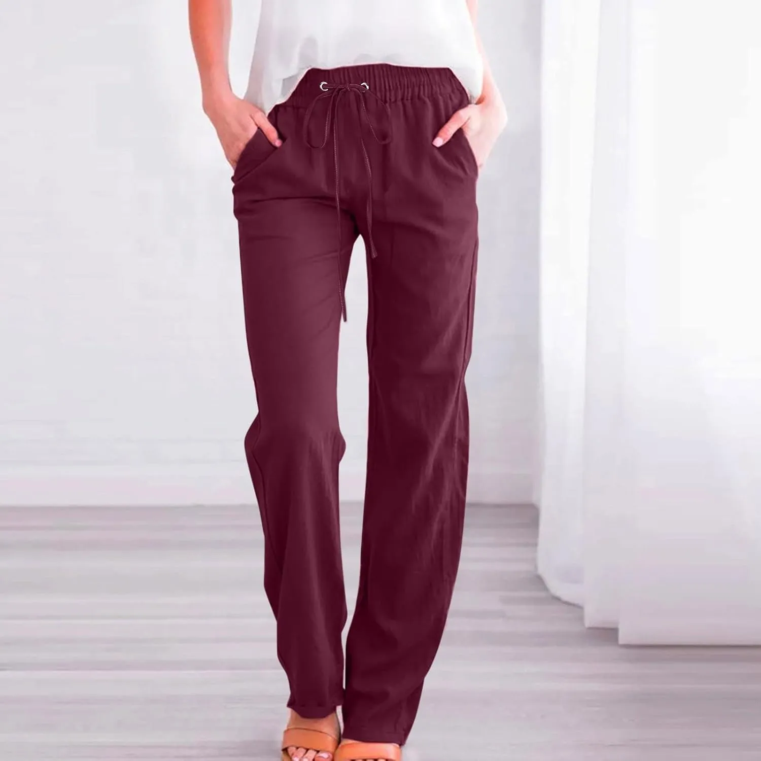 aihihe Linen Pants for Women Casual Summer Drawstring Elastic High Waist Yoga Pants Loose Fit Comfy Straight Leg Palazzo Pant