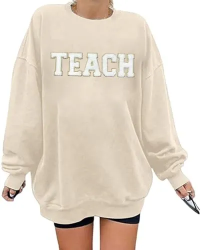 AIIWEIS Oversized Teacher Sweatshirt for Women Embroidered Teacher Letter Print Shirt Casual Crewneck Pullover Tops