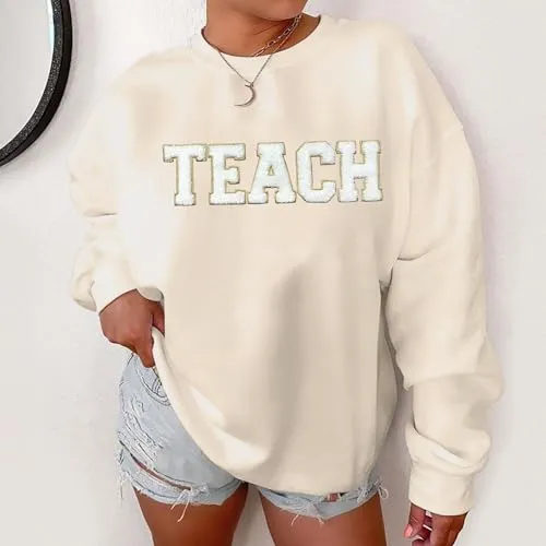 AIIWEIS Oversized Teacher Sweatshirt for Women Embroidered Teacher Letter Print Shirt Casual Crewneck Pullover Tops