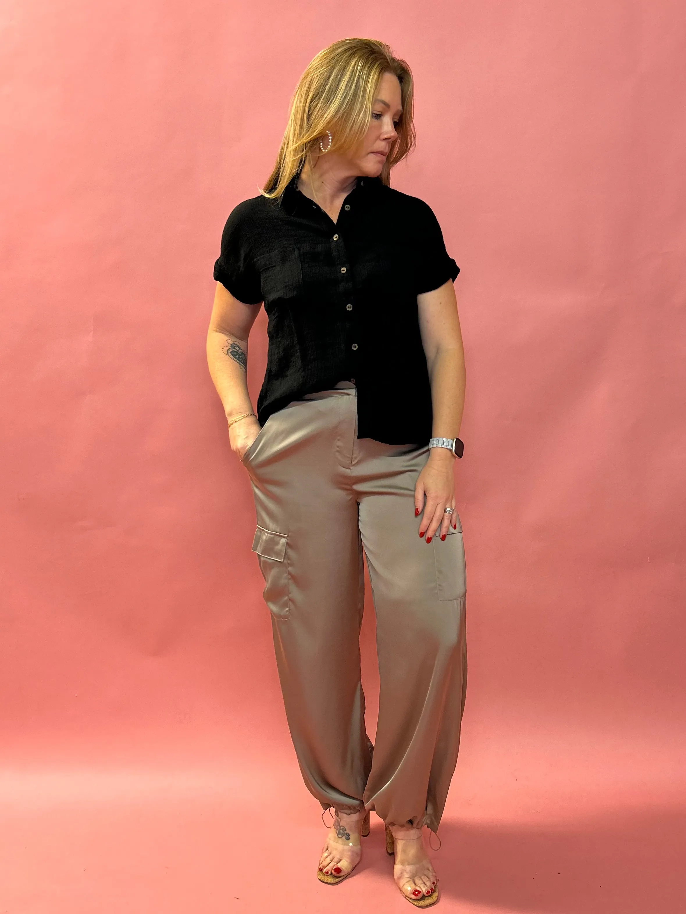 Alana Pocketed Satin Cargo Joggers in  Taupe