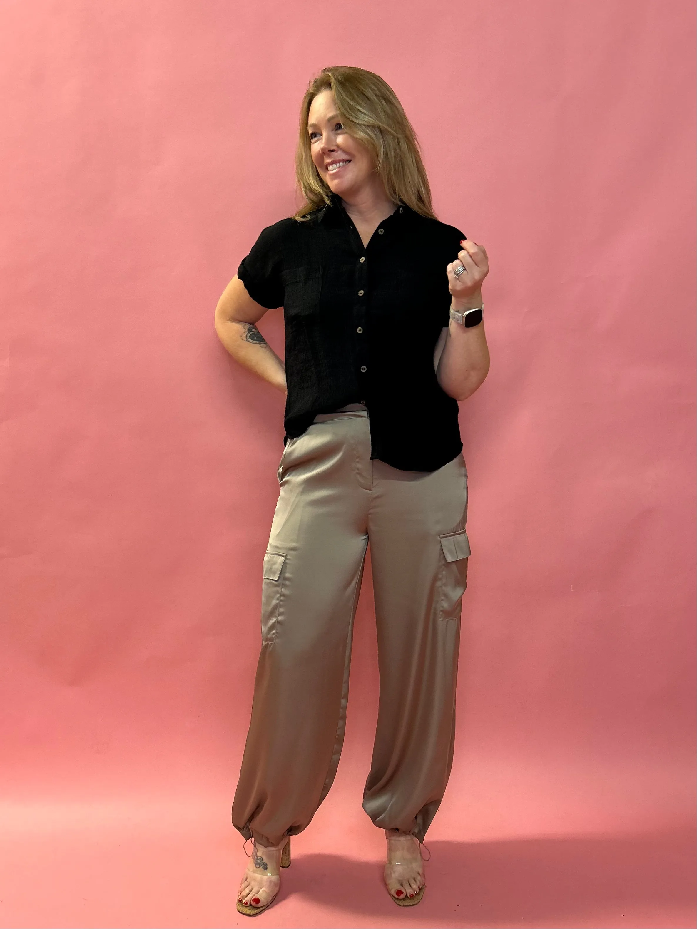 Alana Pocketed Satin Cargo Joggers in  Taupe