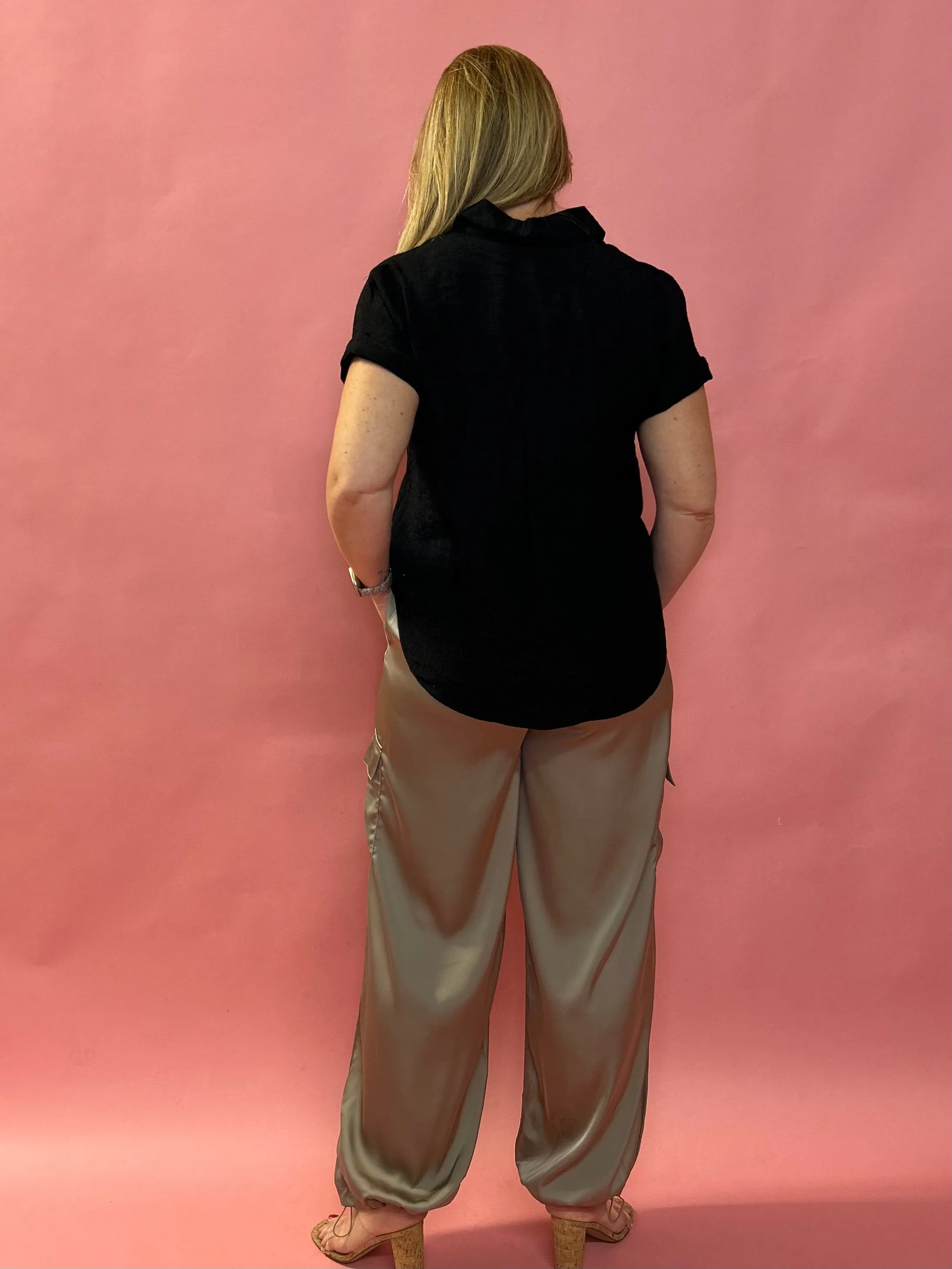 Alana Pocketed Satin Cargo Joggers in  Taupe