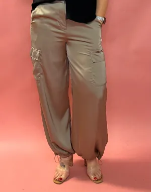 Alana Pocketed Satin Cargo Joggers in  Taupe