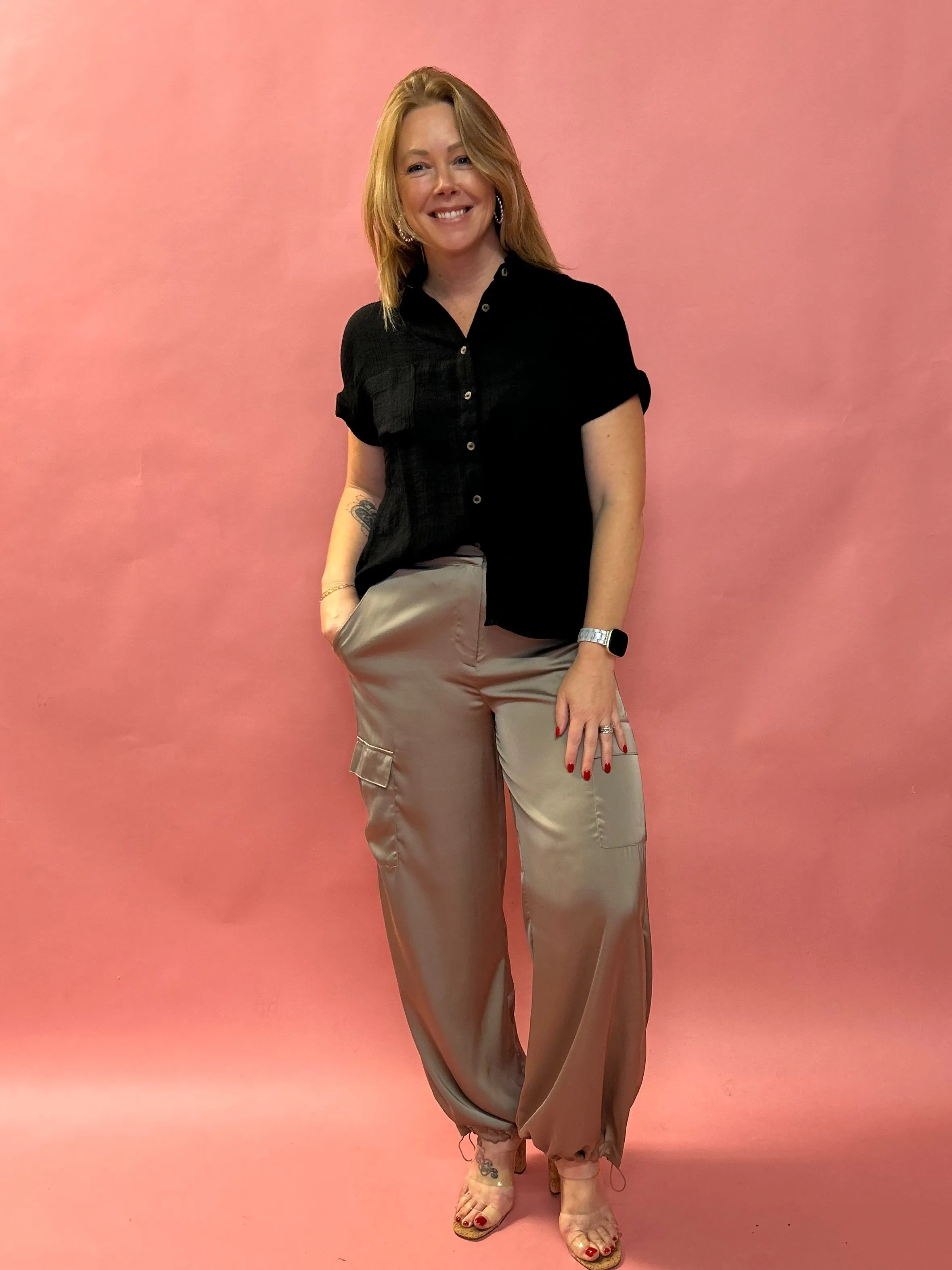 Alana Pocketed Satin Cargo Joggers in  Taupe