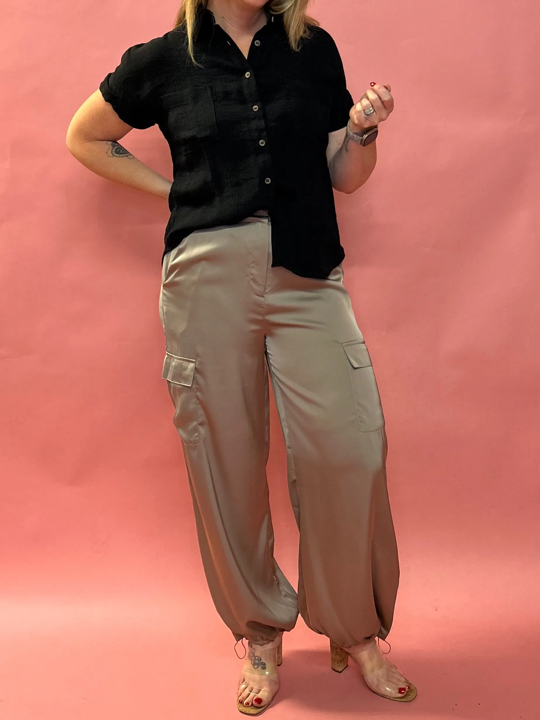 Alana Pocketed Satin Cargo Joggers in  Taupe