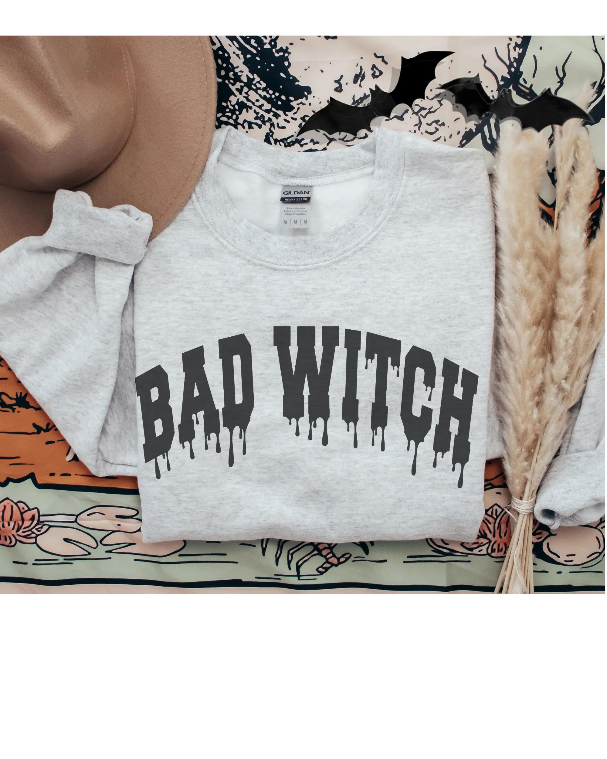 Bad Witch Crewneck Sweatshirt Women's Funny Women's Autumn or Fall Varsity Letters Gildan Pullover