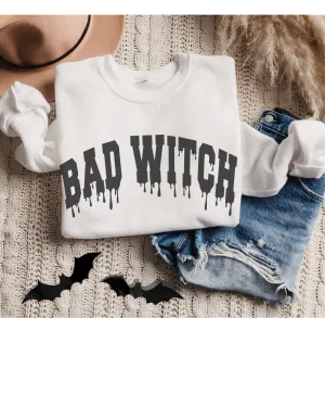 Bad Witch Crewneck Sweatshirt Women's Funny Women's Autumn or Fall Varsity Letters Gildan Pullover