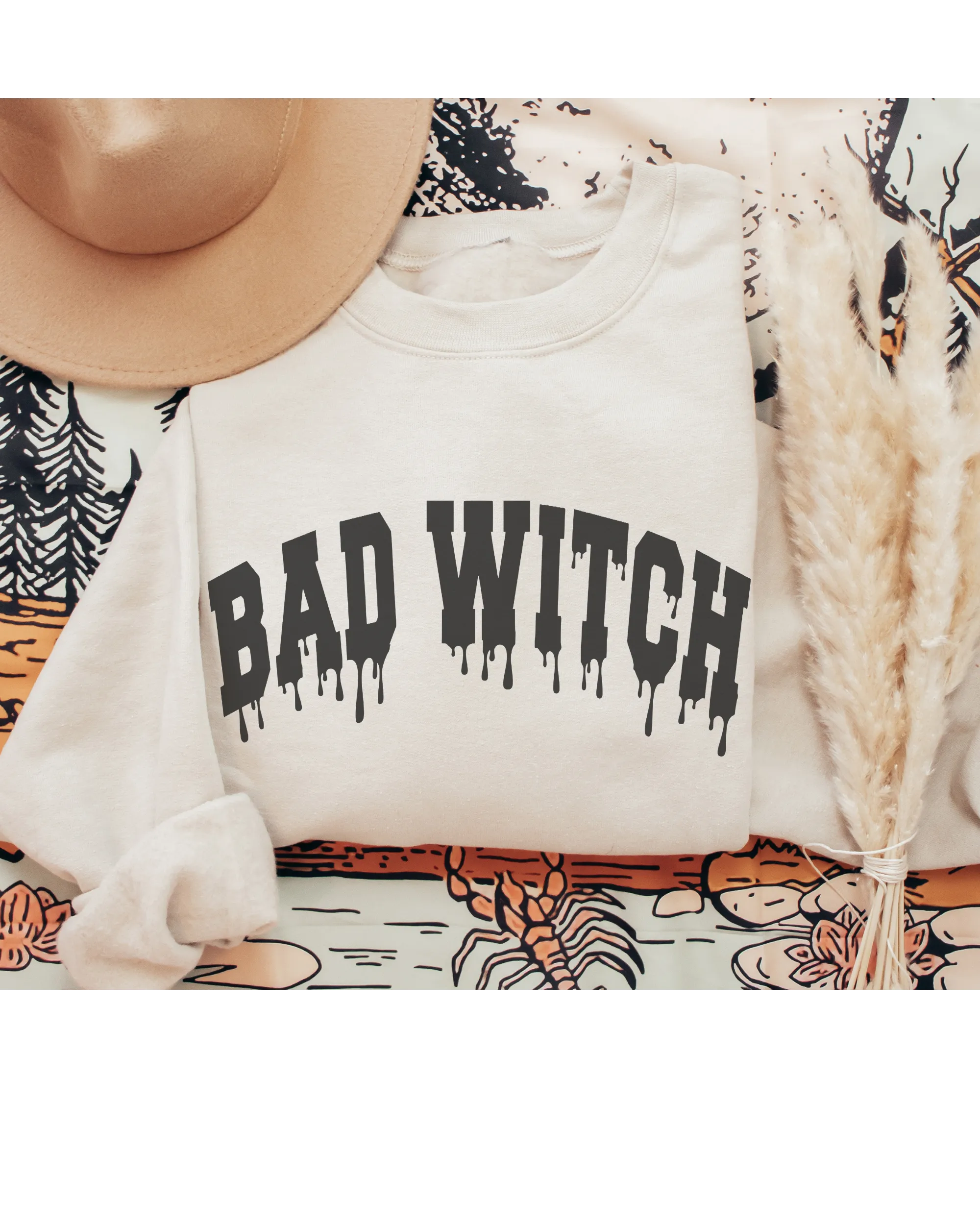 Bad Witch Crewneck Sweatshirt Women's Funny Women's Autumn or Fall Varsity Letters Gildan Pullover