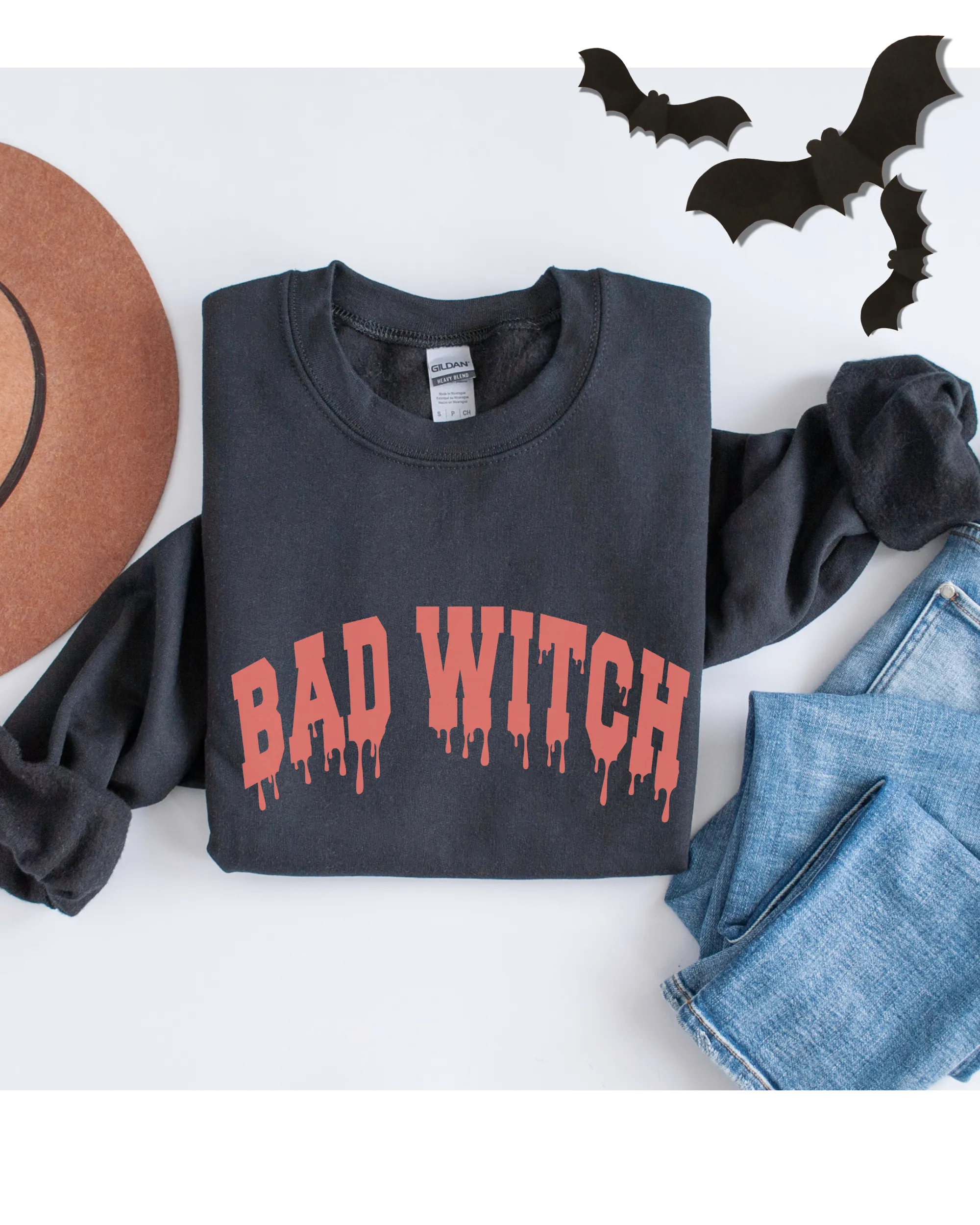 Bad Witch Crewneck Sweatshirt Women's Funny Women's Autumn or Fall Varsity Letters Gildan Pullover