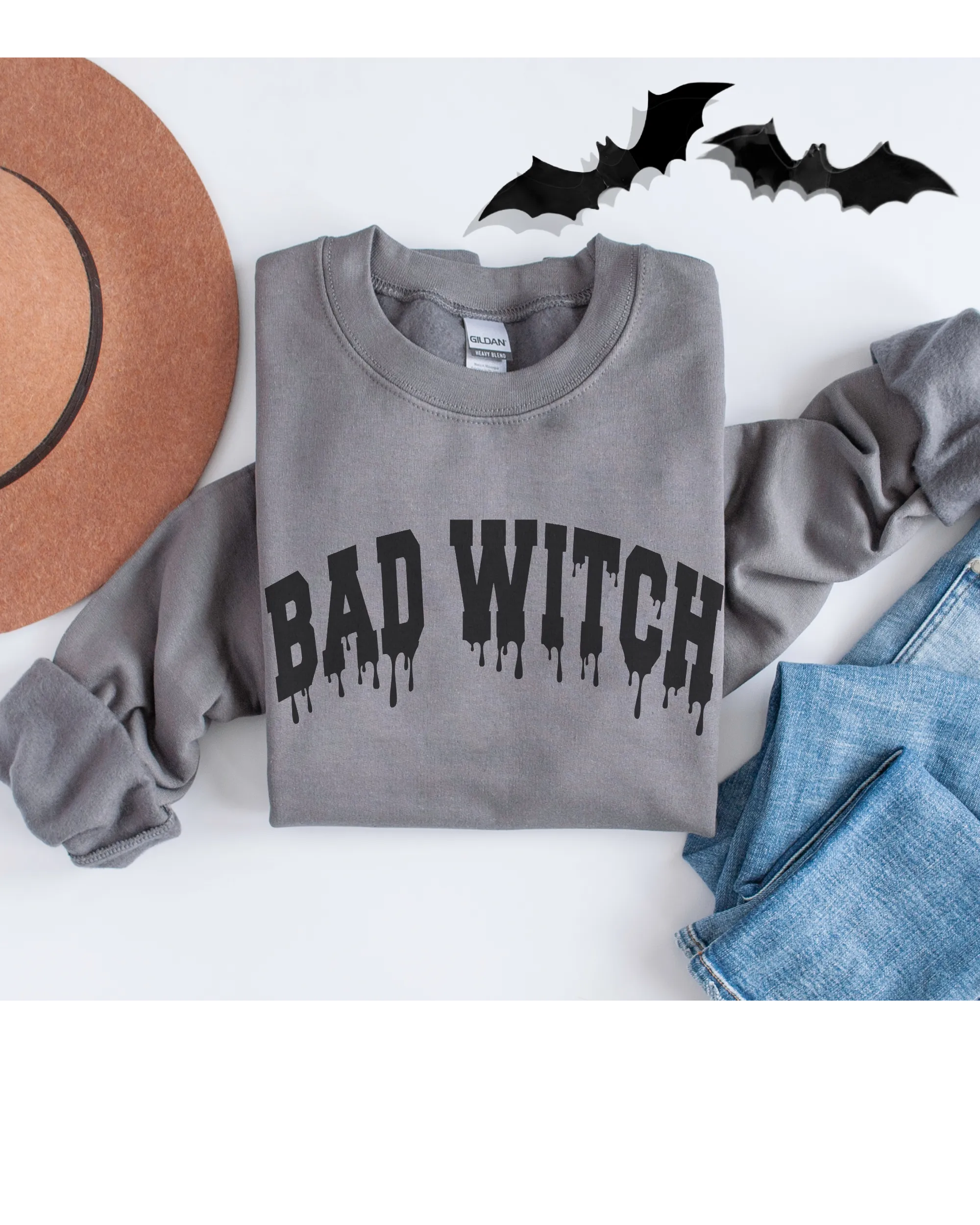 Bad Witch Crewneck Sweatshirt Women's Funny Women's Autumn or Fall Varsity Letters Gildan Pullover
