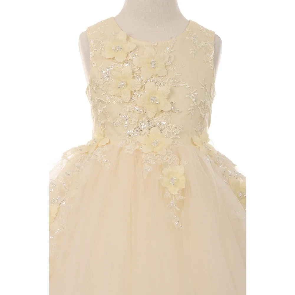 Big Girls Champagne 3D Floral Appliques Soft Tulle Flower Girl Dress 8-12