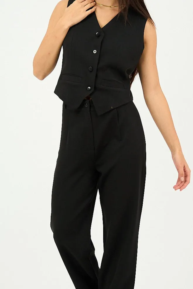 Black Pleated Straight-Leg Trousers