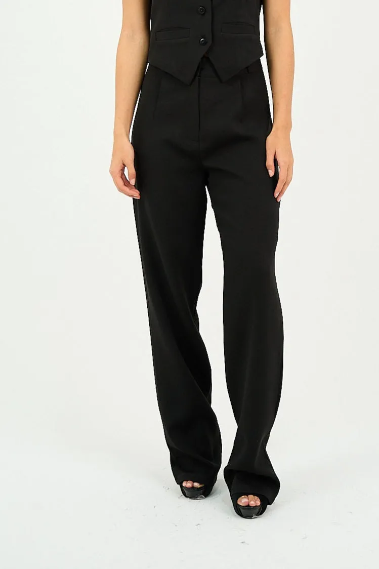 Black Pleated Straight-Leg Trousers