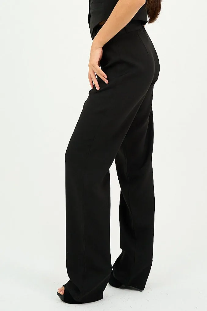 Black Pleated Straight-Leg Trousers