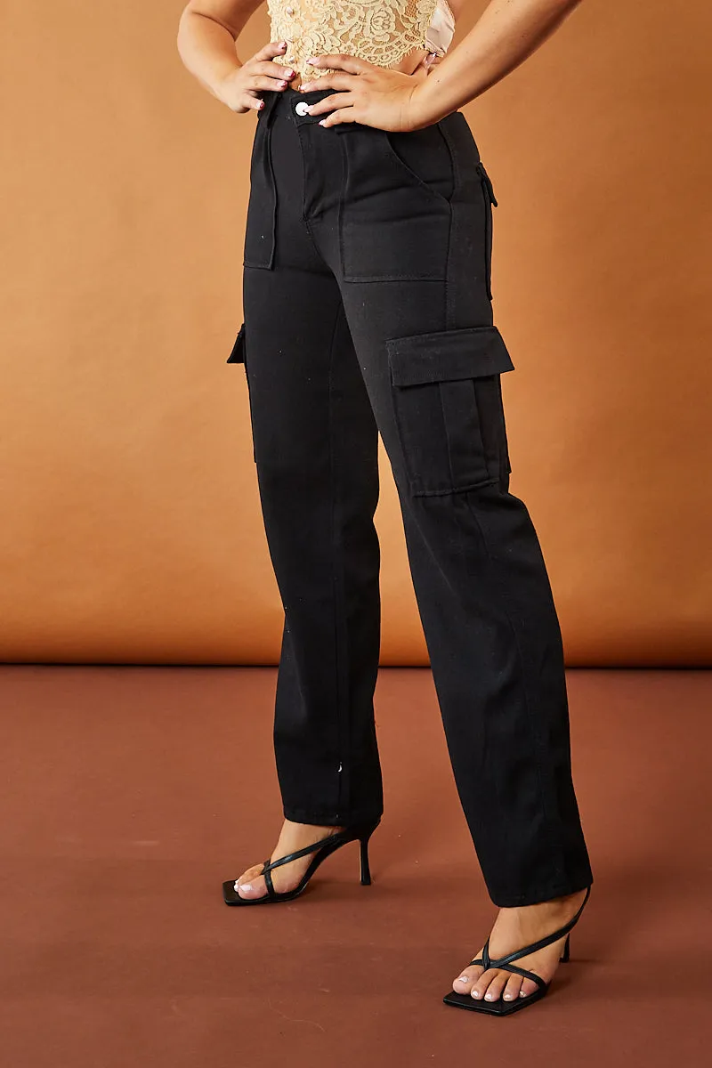 Black Straight Leg Pocket Detail Cargo Trousers - Paige