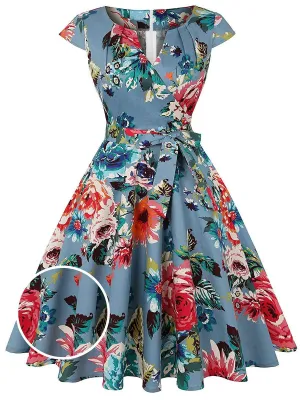 Blue 1950s Floral Bow Swing Dress