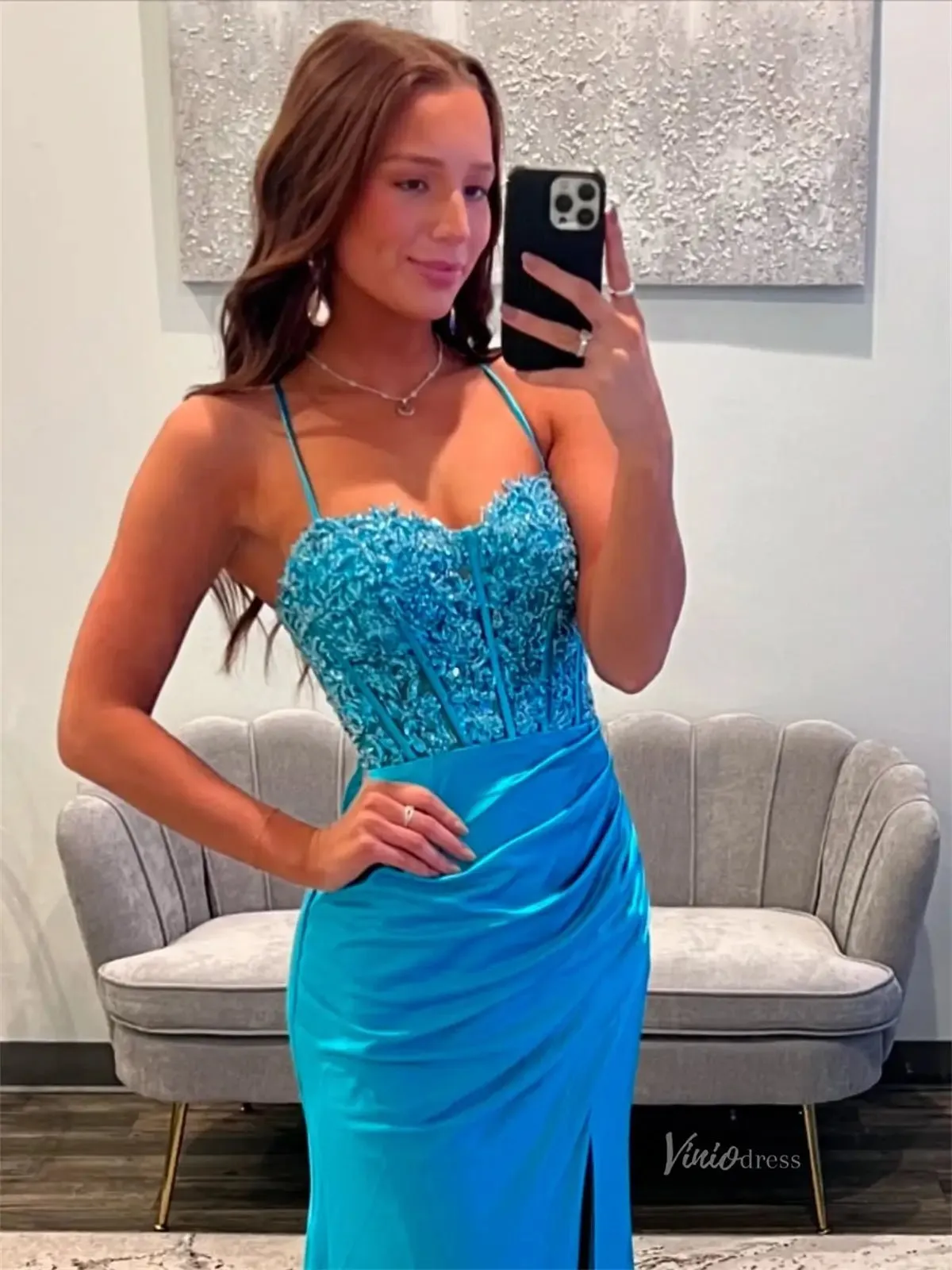 Blue Satin Sheath Prom Dresses with Slit, Spaghetti Straps & Lace Bodice - FD6007