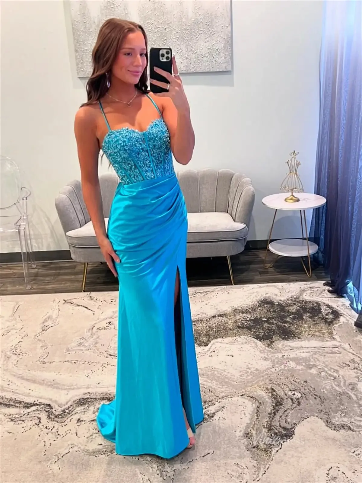 Blue Satin Sheath Prom Dresses with Slit, Spaghetti Straps & Lace Bodice - FD6007