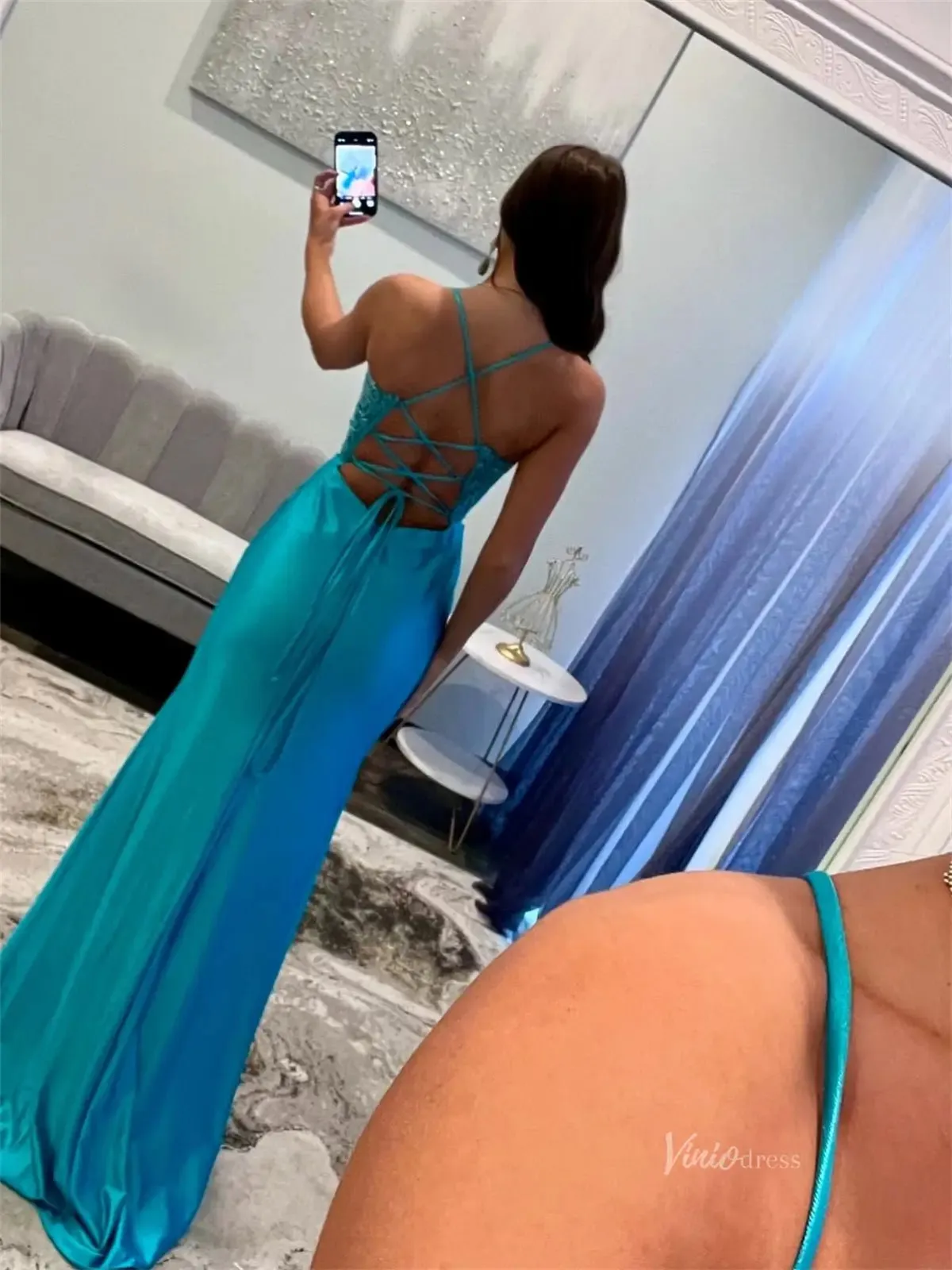 Blue Satin Sheath Prom Dresses with Slit, Spaghetti Straps & Lace Bodice - FD6007