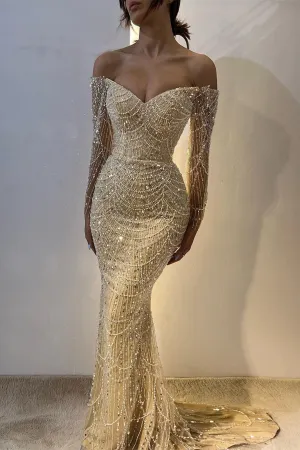 Chic Off-the-Shoulder Long Sleeves Prom Dress Mermaid Pearls With Beads