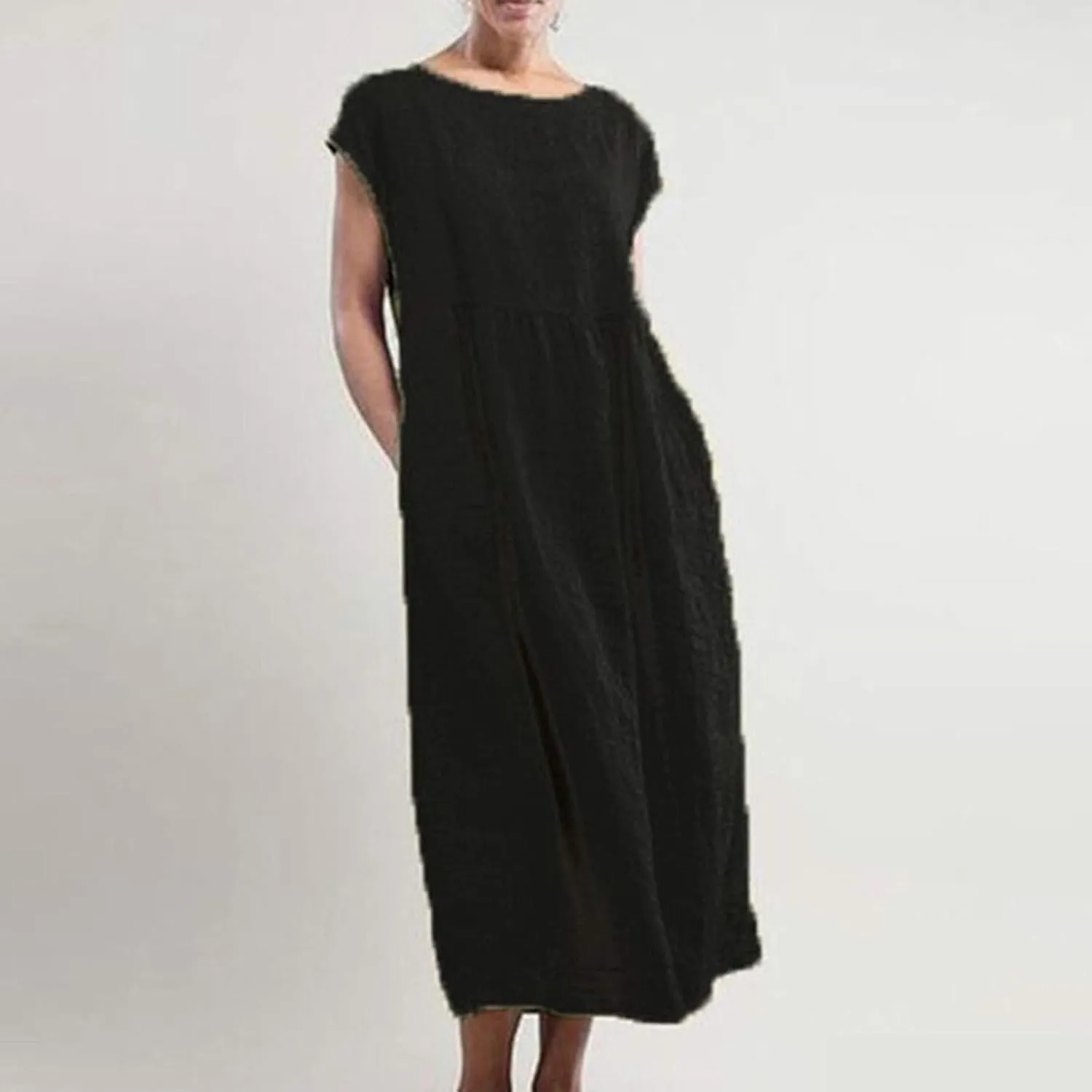 Cotton Linen Dresses for Women 2025 Summer Short Sleeve Crew Neck Midi Dress Casual Loose Comfy Plus Size Beach Dress