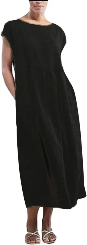 Cotton Linen Dresses for Women 2025 Summer Short Sleeve Crew Neck Midi Dress Casual Loose Comfy Plus Size Beach Dress