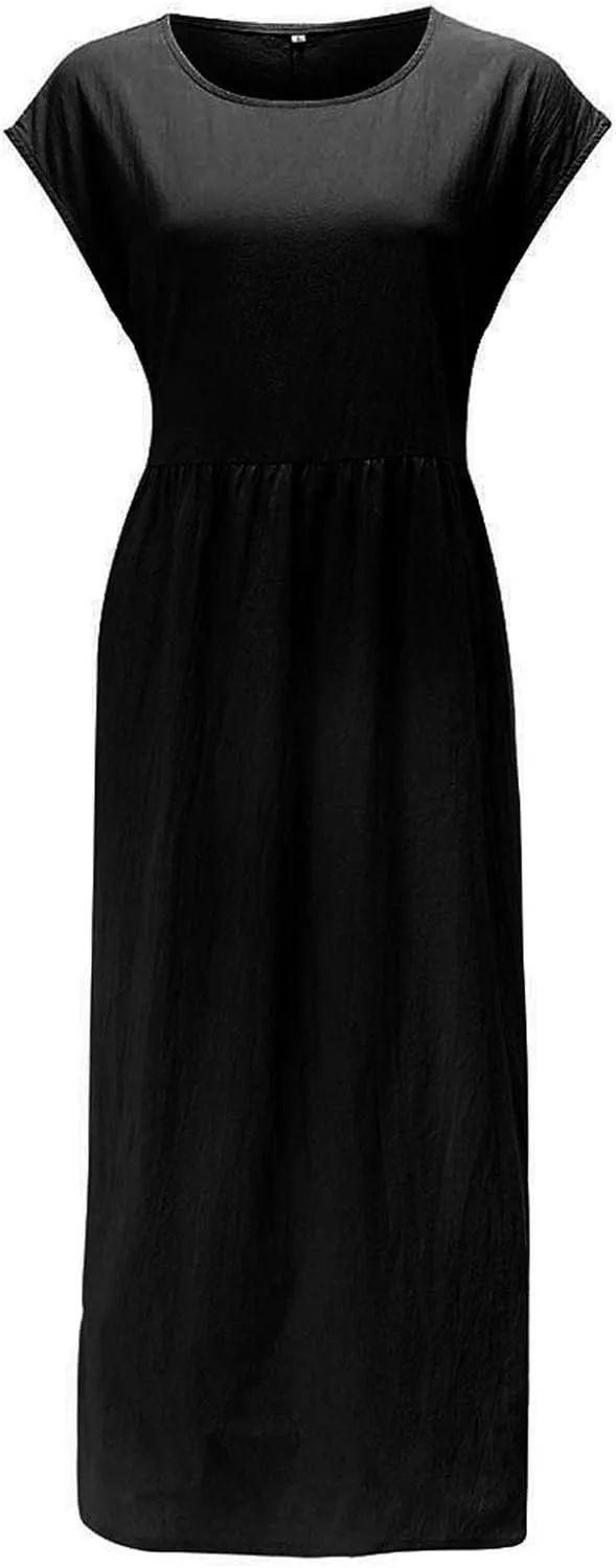 Cotton Linen Dresses for Women 2025 Summer Short Sleeve Crew Neck Midi Dress Casual Loose Comfy Plus Size Beach Dress