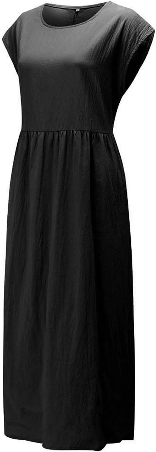 Cotton Linen Dresses for Women 2025 Summer Short Sleeve Crew Neck Midi Dress Casual Loose Comfy Plus Size Beach Dress