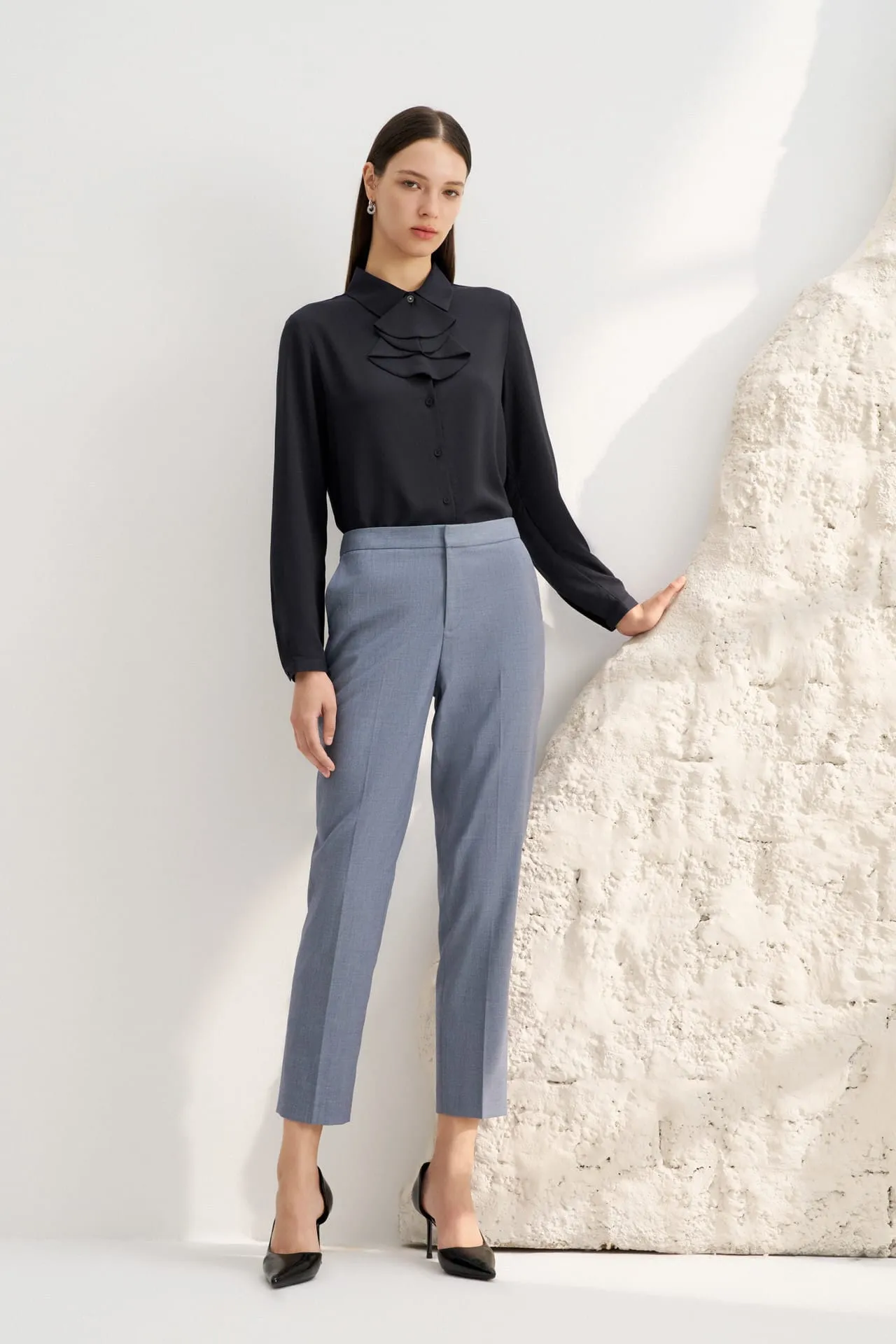 Crepe Shirt Collar Blouse with Detachable Scarf
