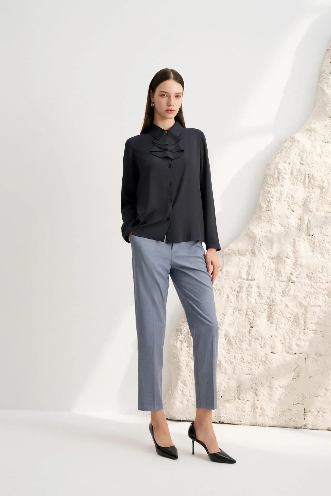 Crepe Shirt Collar Blouse with Detachable Scarf