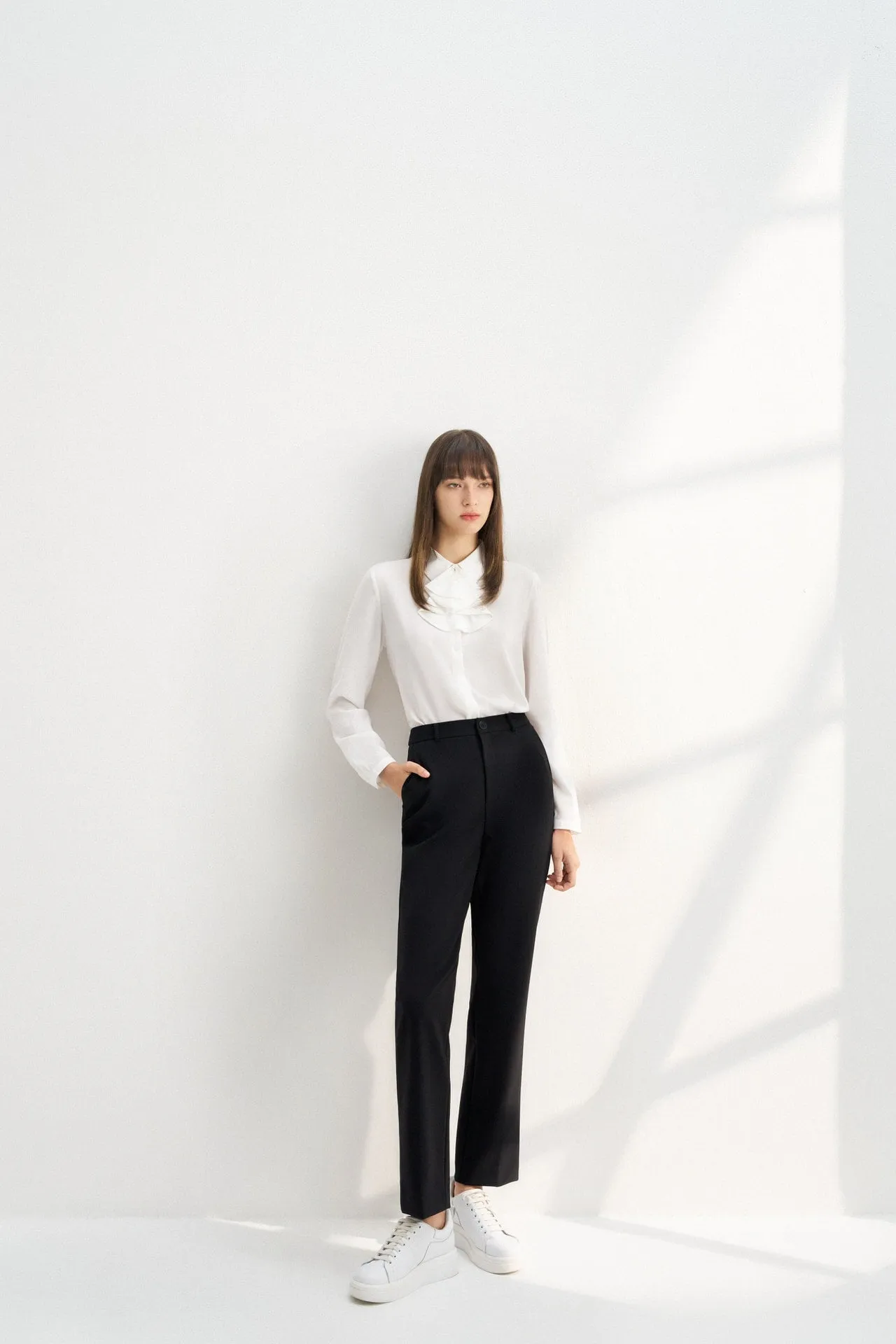 Crepe Shirt Collar Blouse with Detachable Scarf