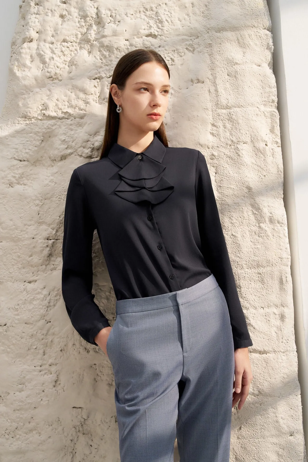 Crepe Shirt Collar Blouse with Detachable Scarf