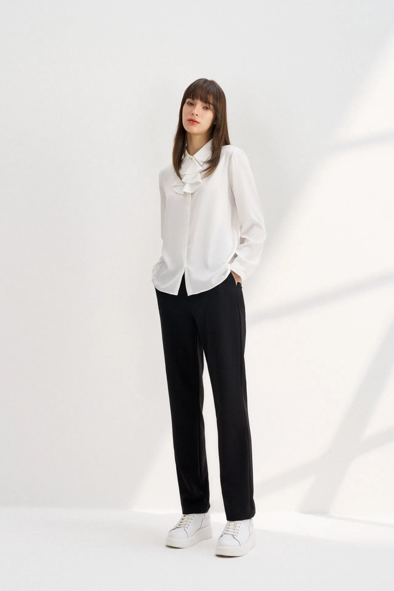 Crepe Shirt Collar Blouse with Detachable Scarf