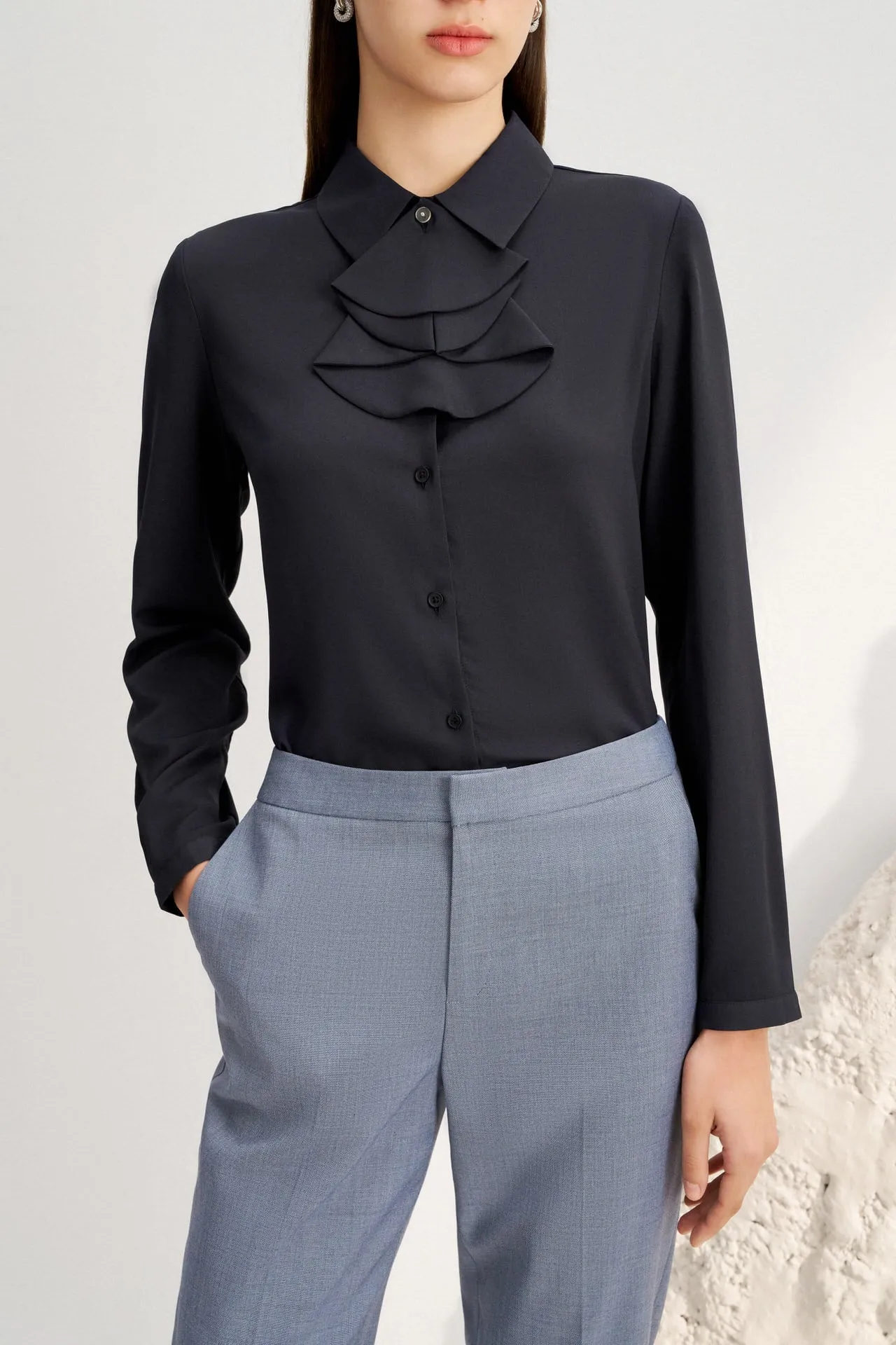 Crepe Shirt Collar Blouse with Detachable Scarf
