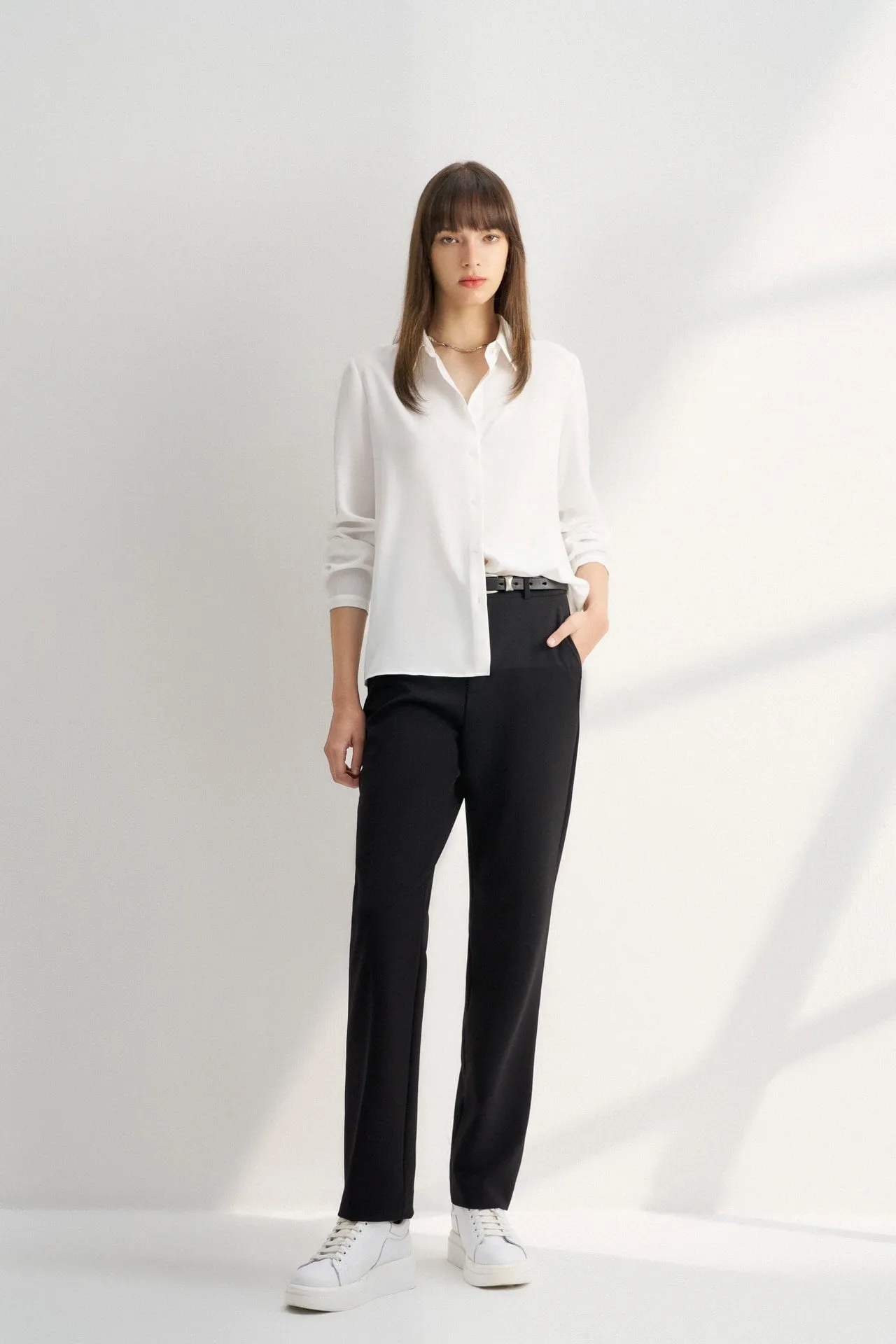 Crepe Shirt Collar Blouse with Detachable Scarf