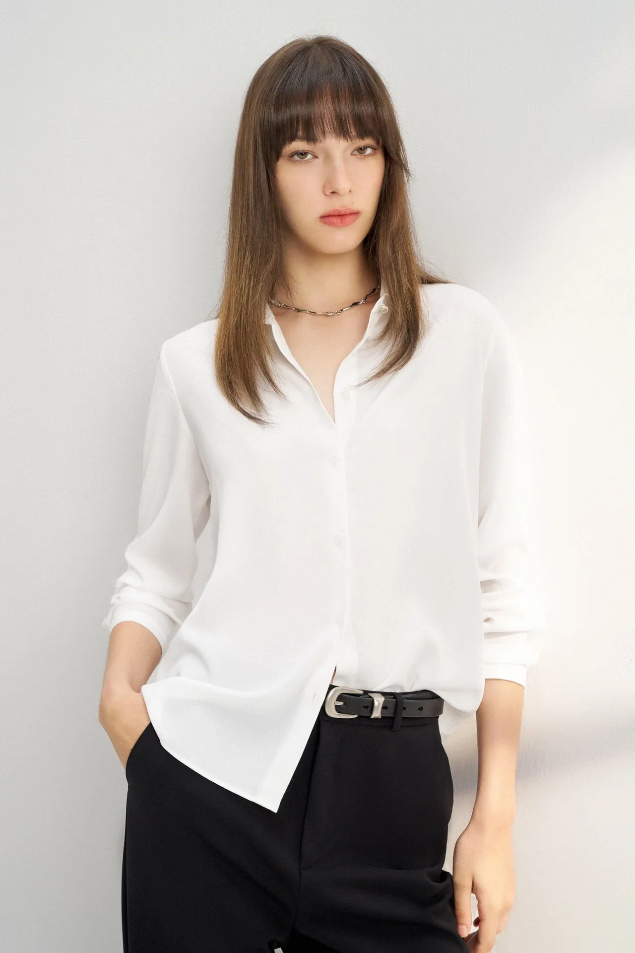 Crepe Shirt Collar Blouse with Detachable Scarf