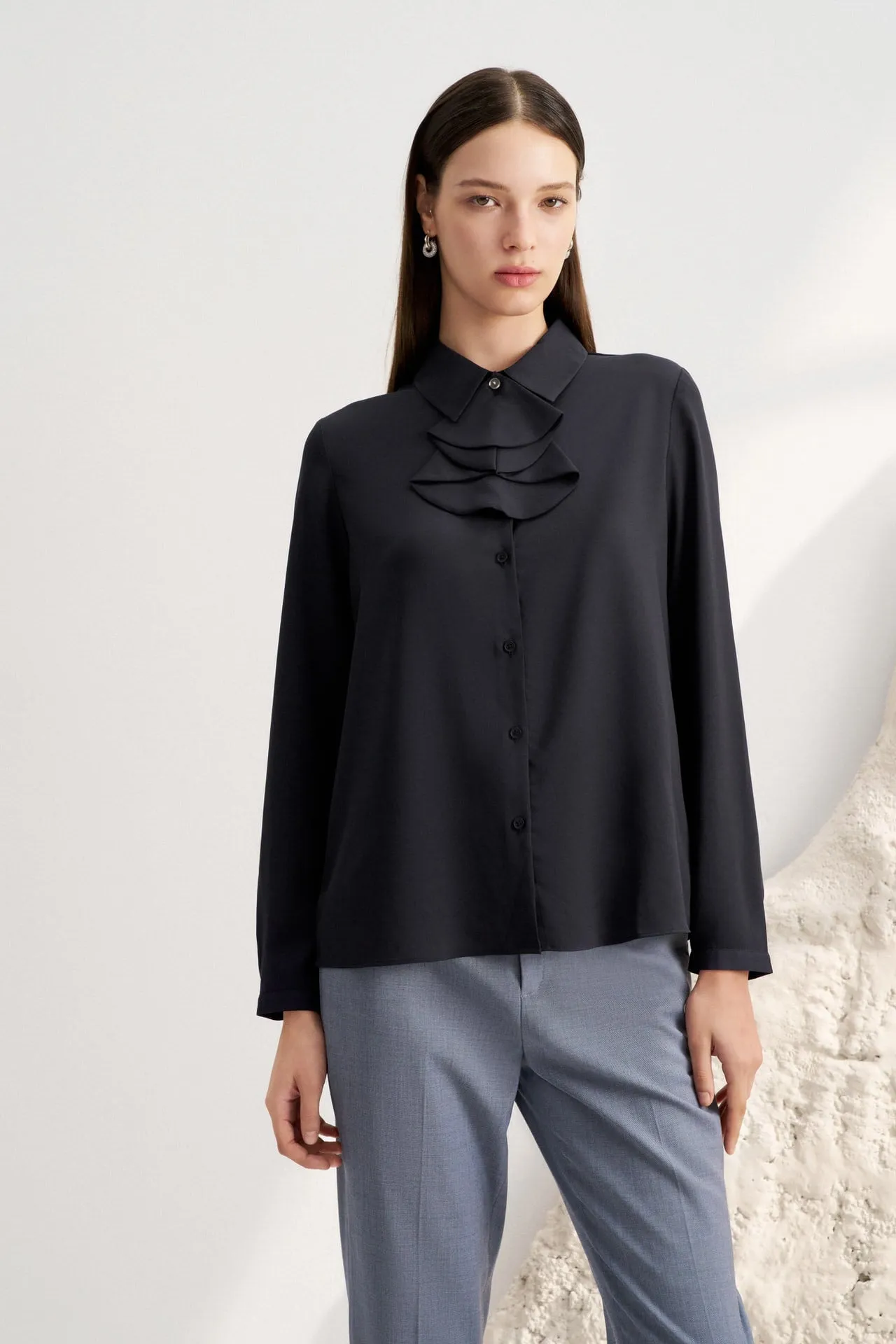 Crepe Shirt Collar Blouse with Detachable Scarf