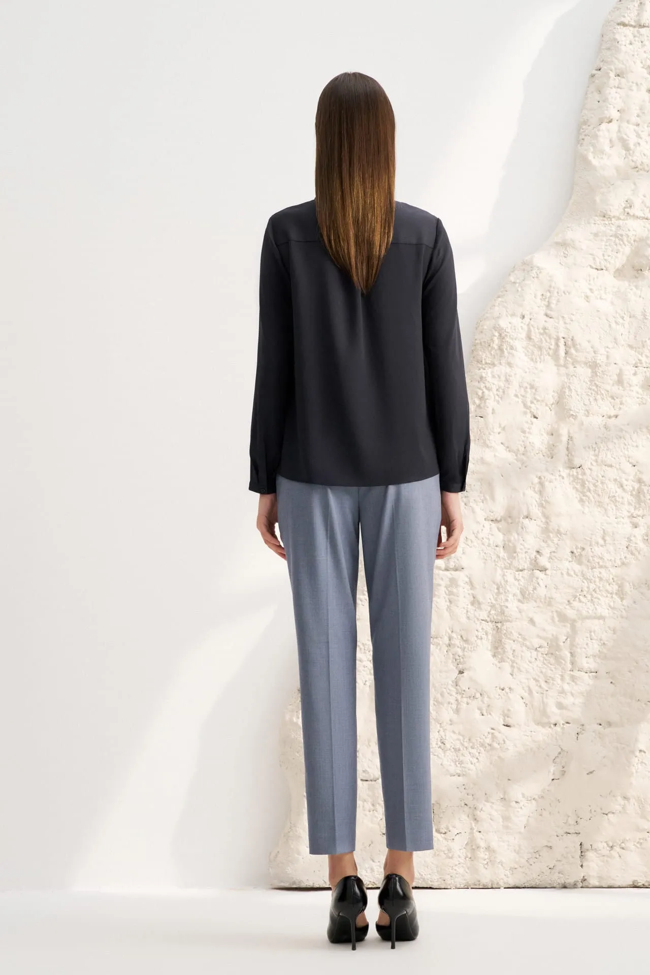 Crepe Shirt Collar Blouse with Detachable Scarf