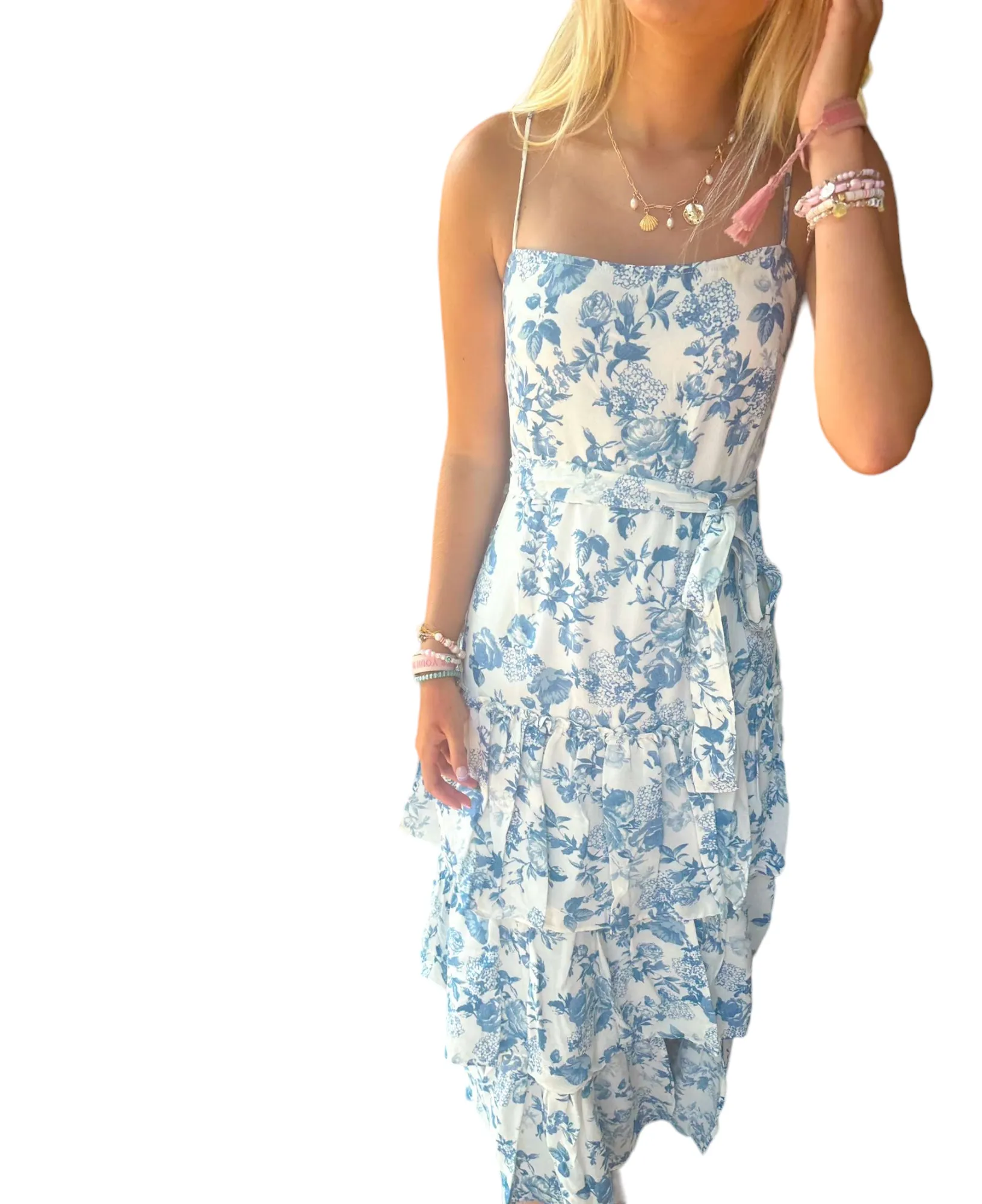 Elegant Paisley High-Slit Midi Dress with Ruffled Layers