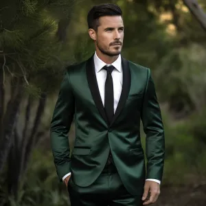 Emerald Green Two-Piece Tuxedo Wedding Suit with Black Satin Shawl Lapels - Ideal for Weddings and Business