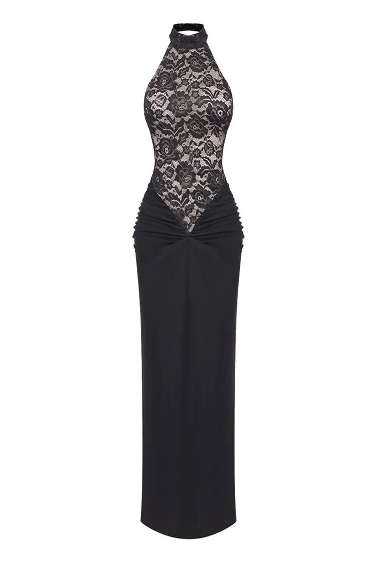 Feminie Halter Lace Panel Drop Waist Ruched Backless Evening Maxi Dress