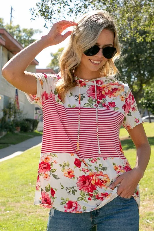 Floral Stripe Short Sleeve Hoodie Top