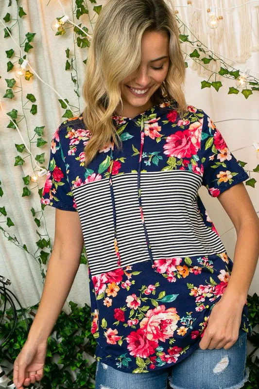 Floral Stripe Short Sleeve Hoodie Top