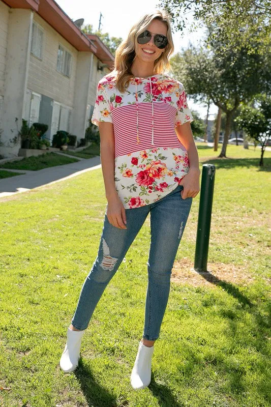 Floral Stripe Short Sleeve Hoodie Top