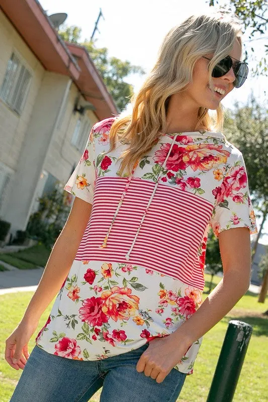 Floral Stripe Short Sleeve Hoodie Top