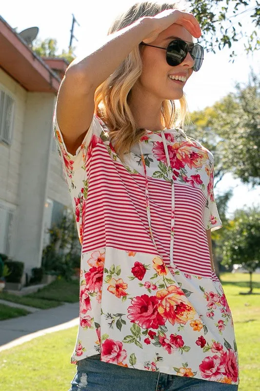 Floral Stripe Short Sleeve Hoodie Top