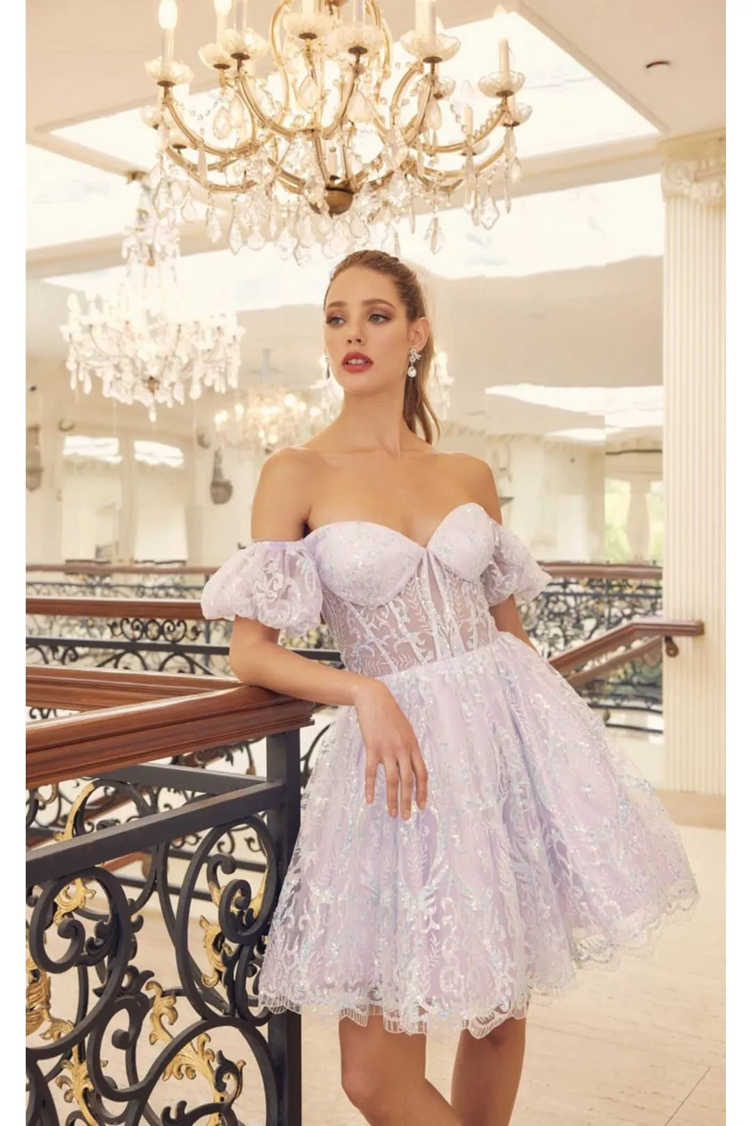 Glitter Print Off-Shoulder Corset Dress by Juliet 891